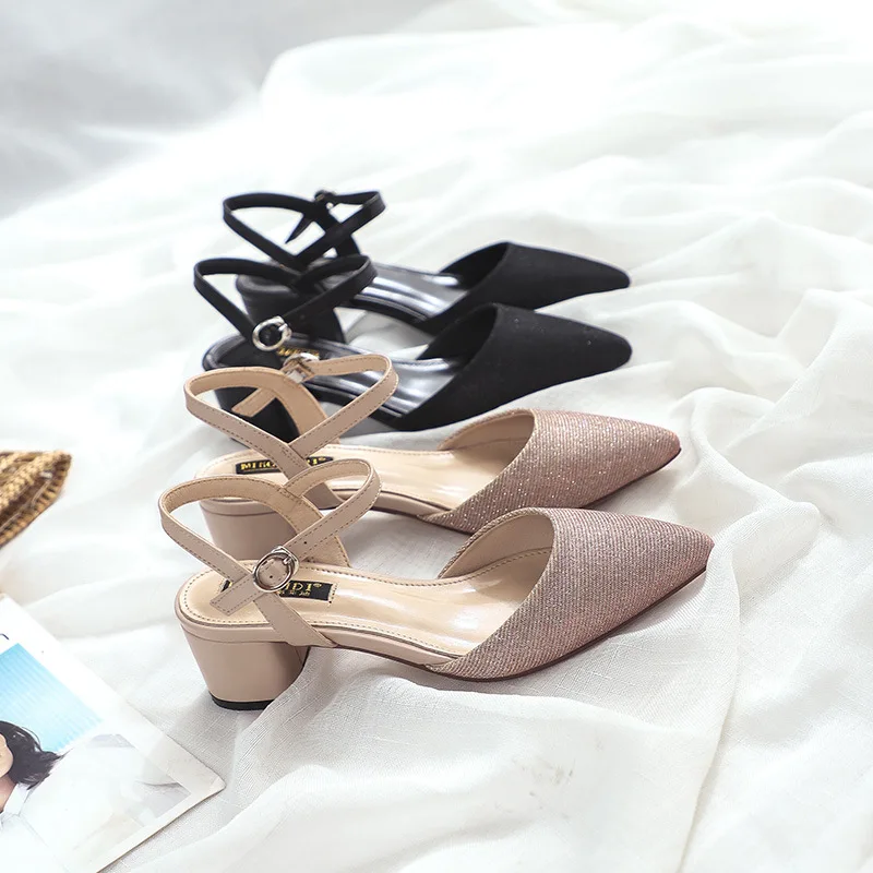 

Shoes Woman Square High Heels Slingback Sequined Cloth Pointed Toe Pumps 2019 Autumn Solid Ankle Strap Sandals Female Shoes