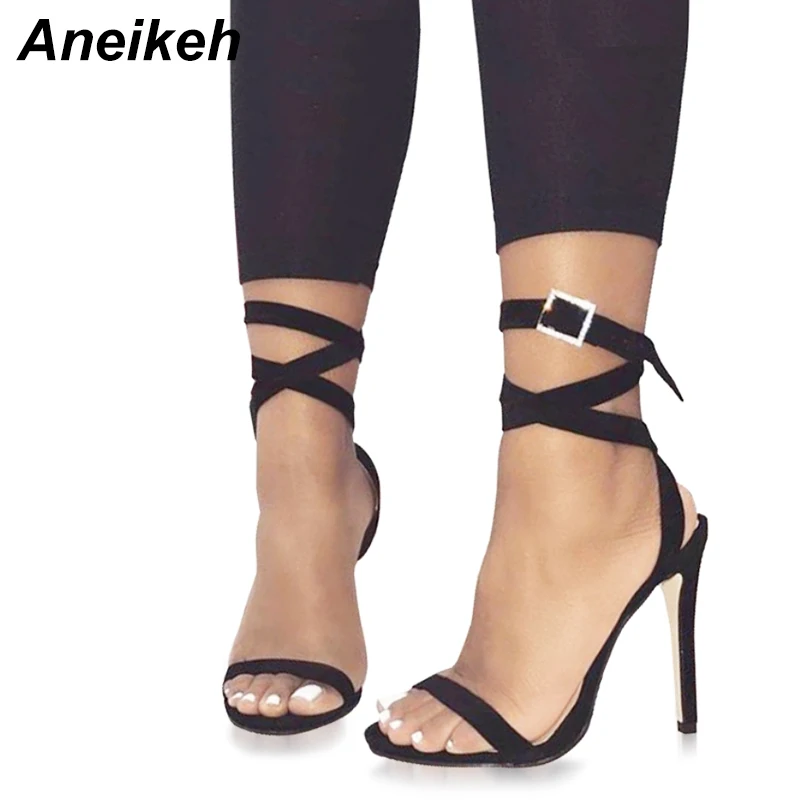 

Aneikeh Women Bandage Cross Thin Heels Sandals Pump 2018 Buckle Strap Stiletto High Heels 11.5cm Sexy Woman Shoes Black
