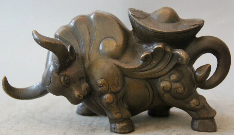 

JP S62 8" Chinese Copper animal Wealth Money Zodiac Year fly Bull Oxen sculpture Statue