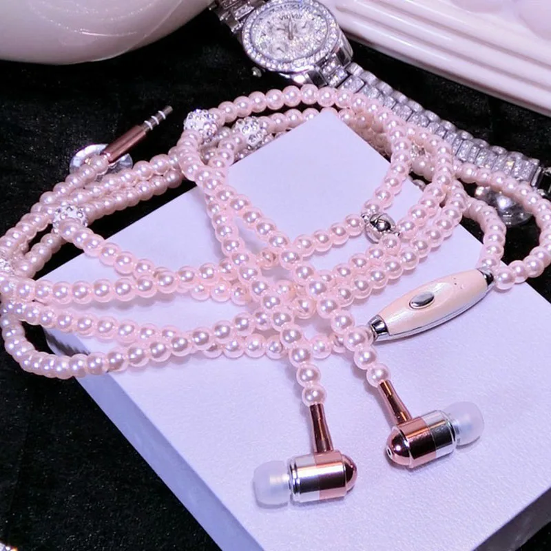 Koop Mode sieraden Parel Ketting Hoofdtelefoon Draad Headset 3.5mm Jack Muziek Oortelefoon Oordopjes met Microfoon voor iPhone 7 6 s samsung