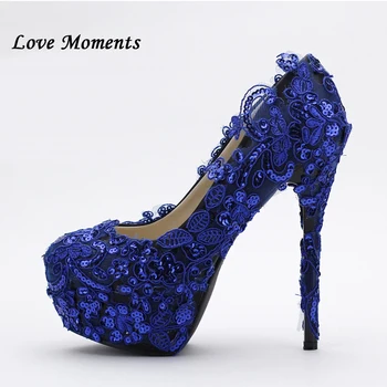 

Love Moments Royal blue lace shoes woman round toe fashion shoes womens Pumps High heels platform shoes Bride wedding shoes