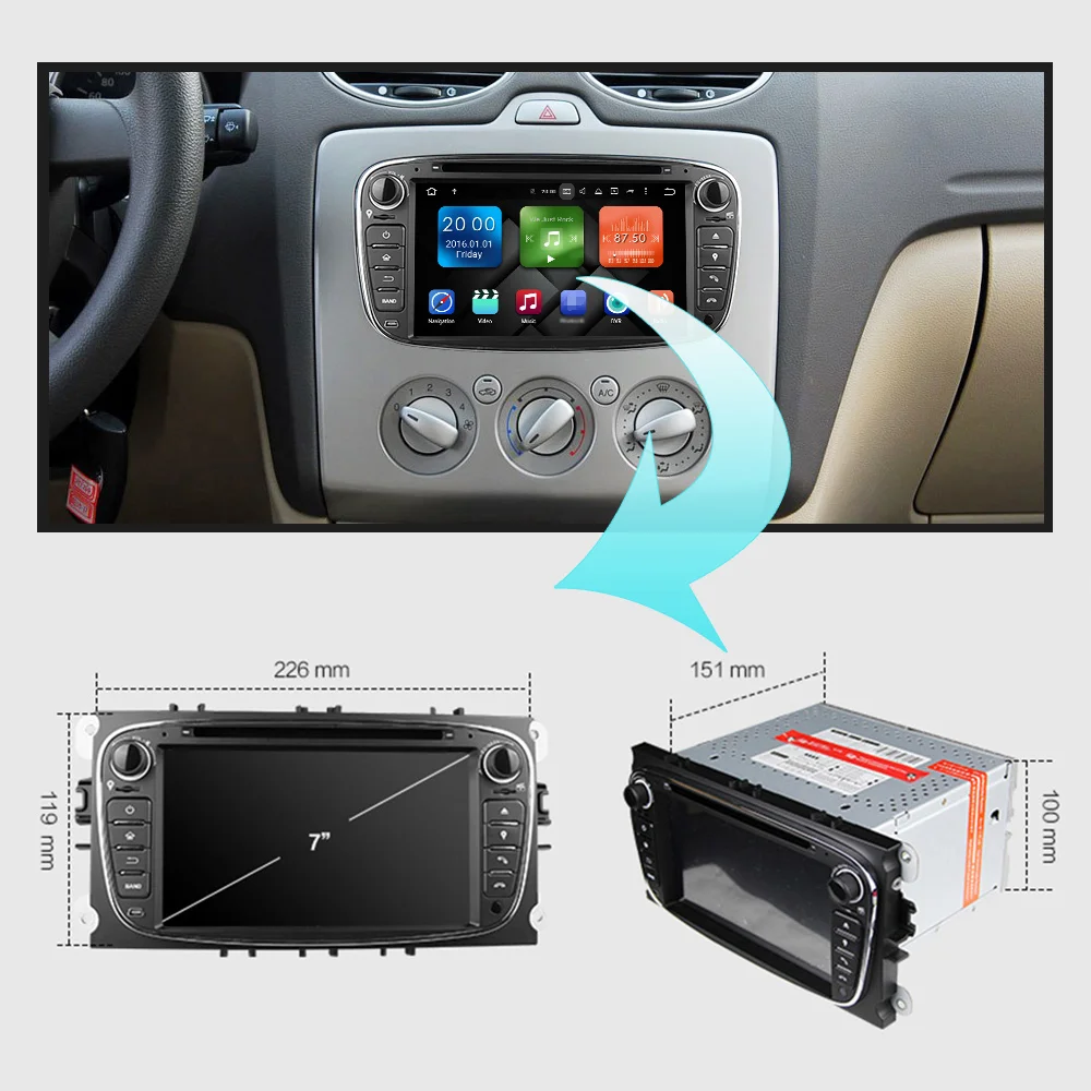 Perfect Eunavi 2 Din 7" Android 9.0 Octa Core Car DVD Player DAB+ WiFi 4G Canbus Online Map GPS Navigator for Ford Focus II Mondeo S-Max 1