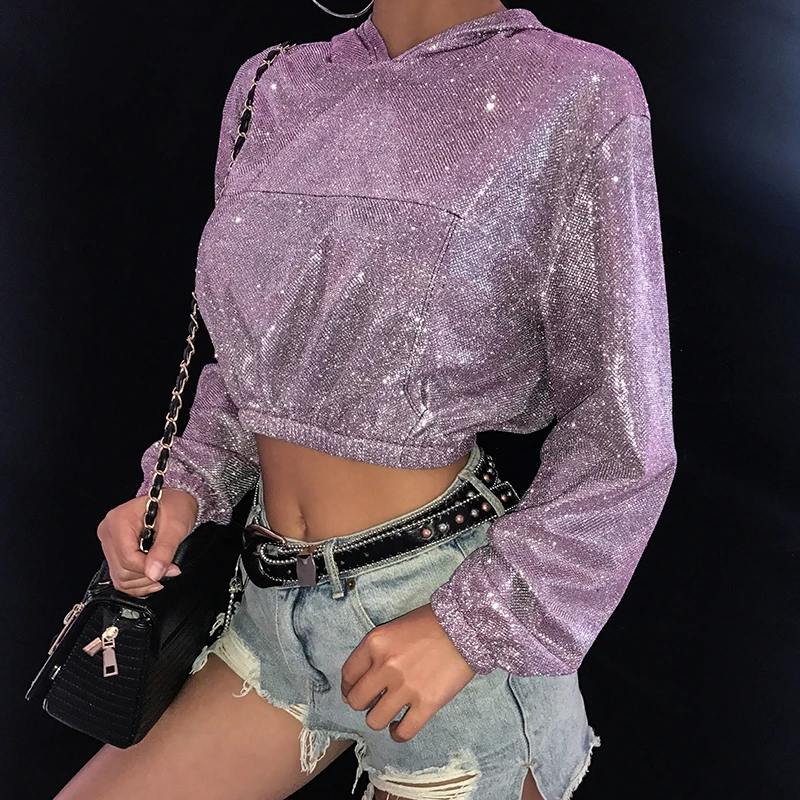 

Loose Long Sleeve Cropped Hoodies Women Streetwear Shinning Hooded Pullover Sweatshirt Women Spring Autumn Moletom Hoodie Tops