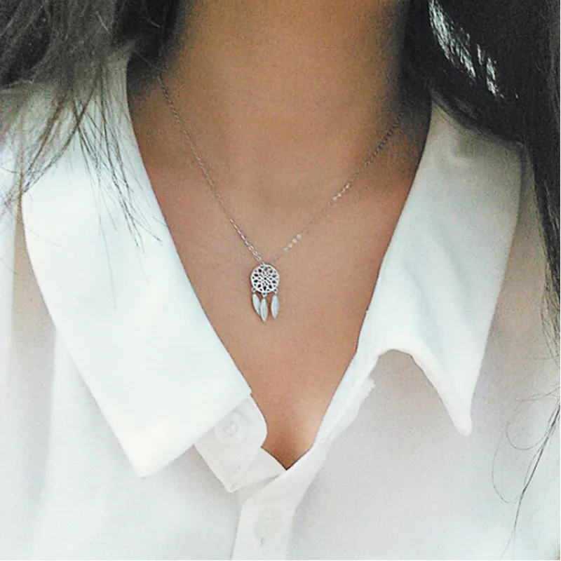 

Bohemian Necklace Fashion Female Necklace 2019 925 Sterling Silver Feather Dream Catcher Clavicle Chain Ethnic Style Jewelry
