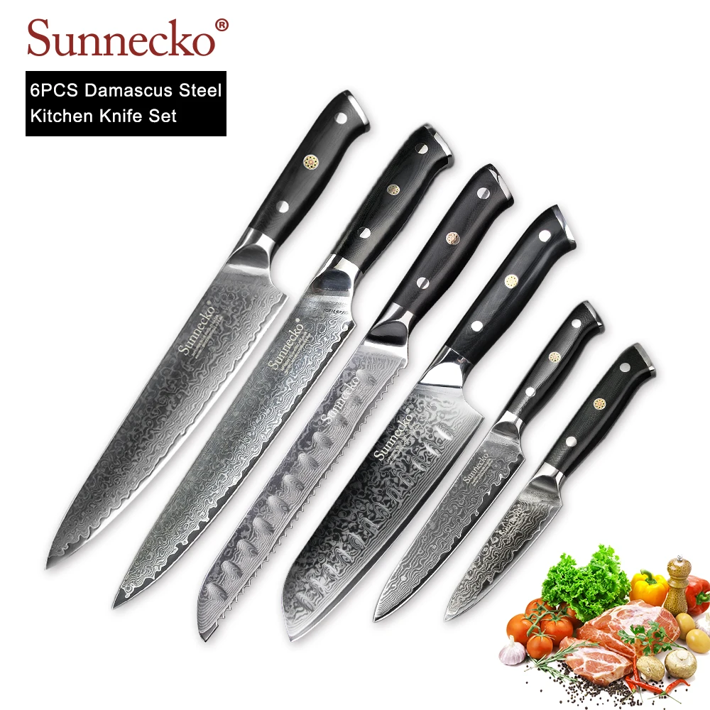 

SUNNECKO 6PCS Kitchen Knife Set Slicer Chef Santoku Knives 73-Layers Damascus VG10 Steel Sharp Blade Cutting Tools G10 Handle