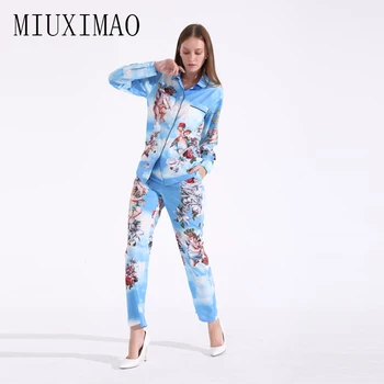 

2018 Spring New Arrival Casual Suit Sets 2 Piece Turn-Down Collar Full Sleeve Top+ Full Length Pants Character Print Suit Women
