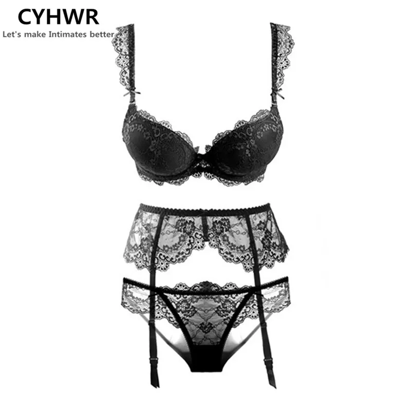 

CYHWR Sexy Lace Solid Underwear Temptation Black Push Up Three-pieces/lots Bra + Panties + Garters for Women
