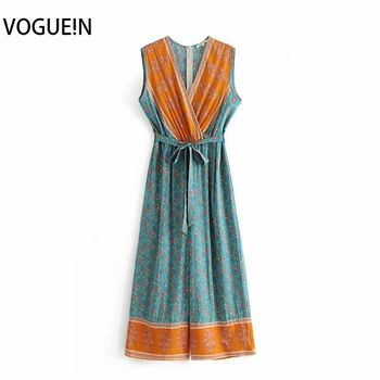 

VOGUEIN New Womens Retro Beach Boho Floral Print V-Neck Sleeveless Jumpsuit Playsuit Wholesale