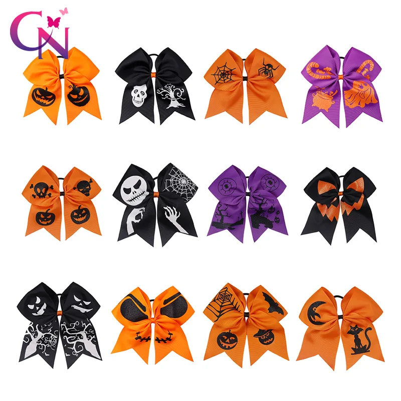 

7" Halloween Funny Cheer Bow For Kids Glitter Pumpkin Printed Grosgrain Headwear Elastic Hair Rope Girls Party Hair Accessories