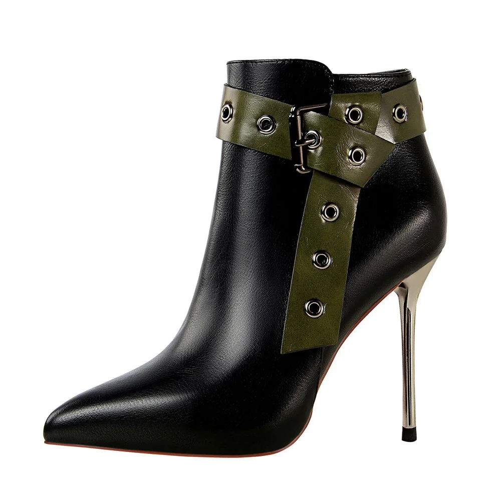 

ankle booties Riveting shoes women boots snow winter high heels sexy pointed rivet belt buckle b botines mujer 2018 black boots