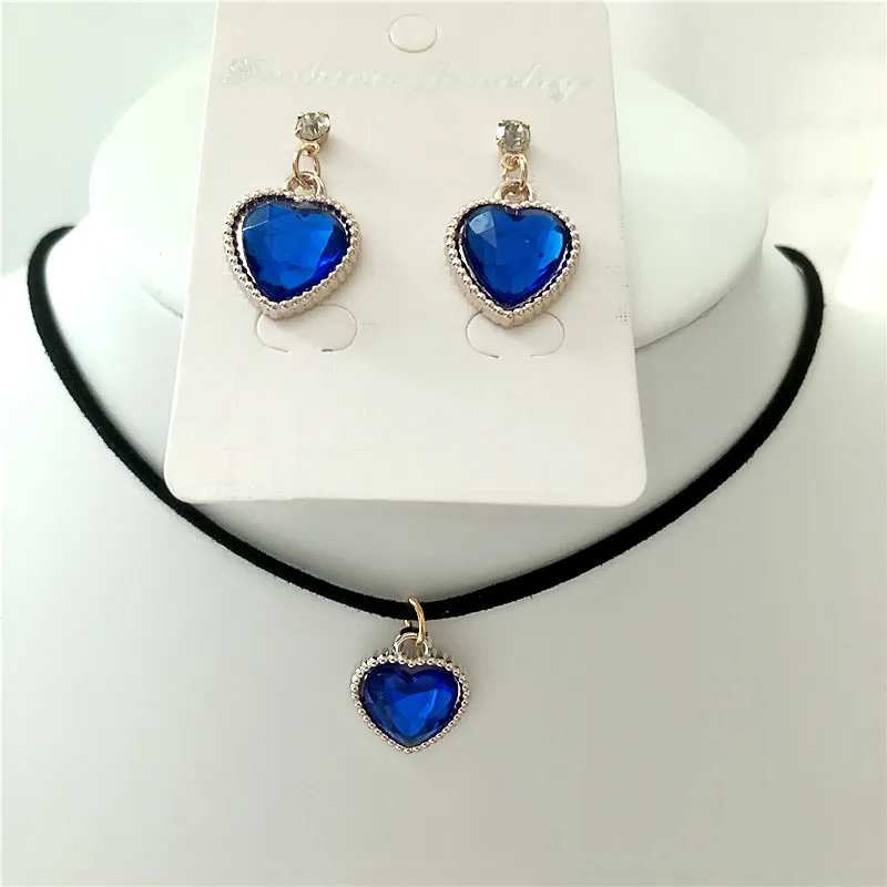 Черный, бархатный, кожаный Bijoux винтажный милый чокер с сердечком ожерелье/Висячие серьги для женщин модные ювелирные наборы подарок - Окраска металла: royal blue