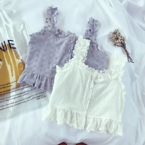 

Tank Tops for Women Square Neck Casual Crop Top Style Sweet Lace Ruched Sleeveless Pearl Buttons Summer For Holiday