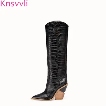 

Knsvvli new pointed women strange style high heel knee high boots patchwork embossing plaid runway boots knight long booties