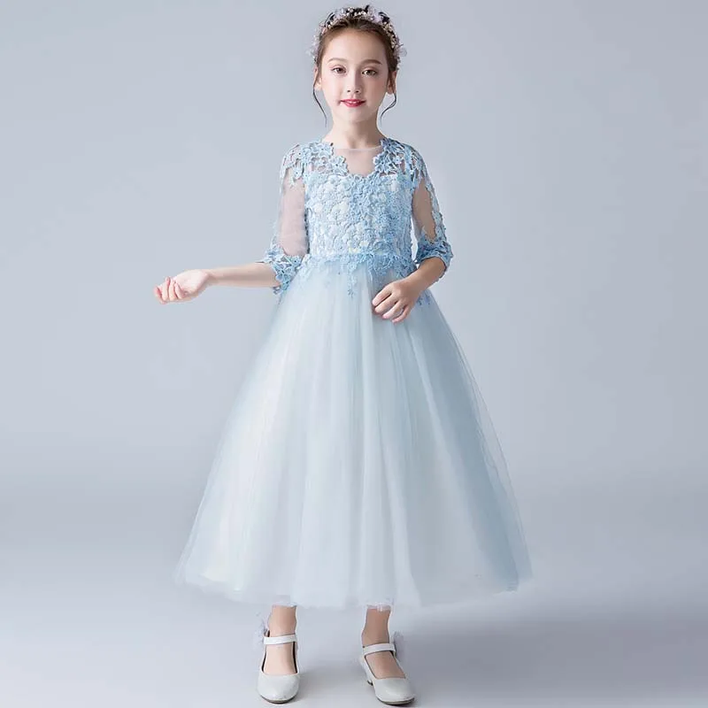 

Communion Dresses Ball Gown Lace Sleeves Embroidery O-neck Flower Girl Dresses Vestido Kids Long Dresses New Arrivals