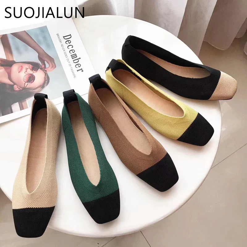 

SUOJIALUN 2019 Spring Women Slip On Flat Loafers Round Toe Shallow Ballet Flats Shoes Stretch Fabric Female Casual Flat Shoes B
