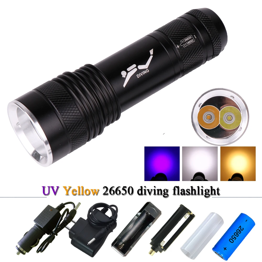 diving flashlight xml t6 uv395nm purple torch waterproof linterna led Underwater lamp lanterna 26650 or 18650 AAA | Освещение