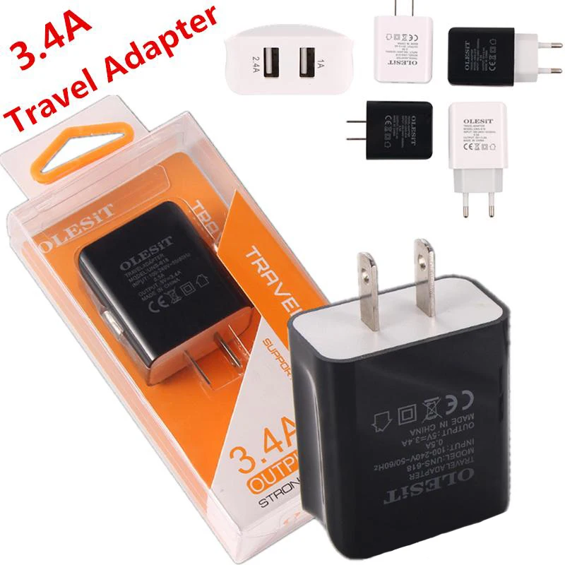 50pcs3. 4A двойной USB 2 настенное зарядное устройство для дома путешествия адаптер питания США ЕС вилка с розничной упаковкой для samsung планшета мобильного телефона