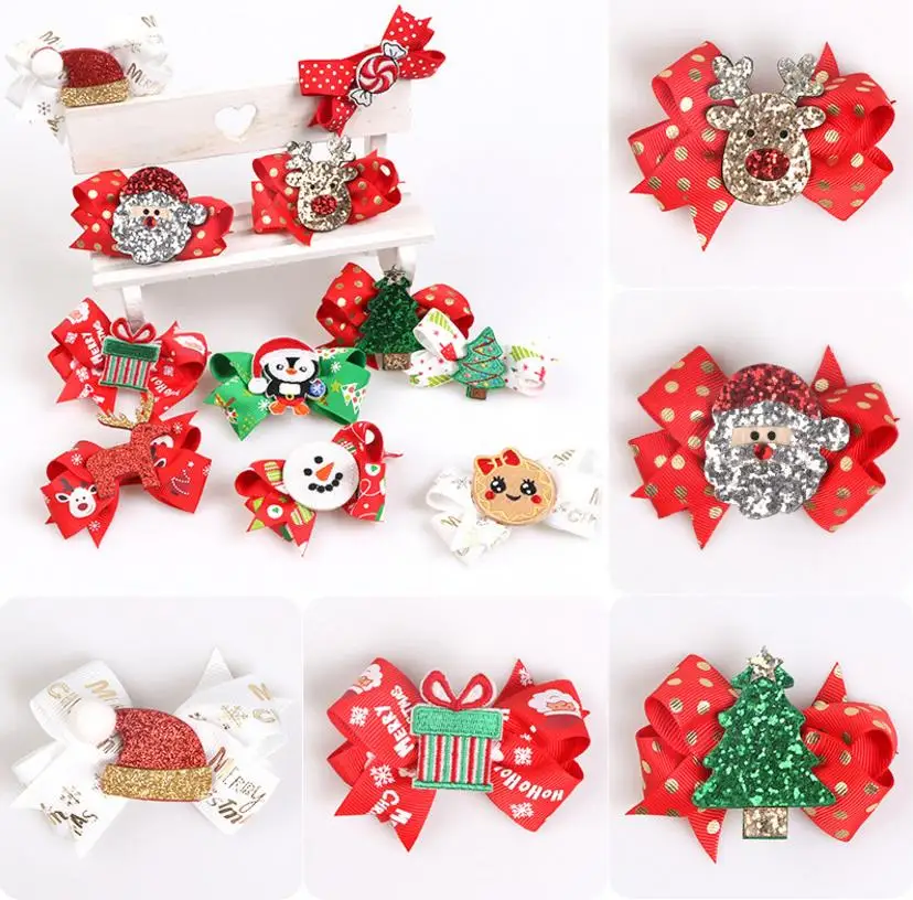 

Christmas Gift Bowknot hair clips Elastic Hair Bands cartoon Santa wapiti Tree Moose snowman santa Hair barrettes for headwear