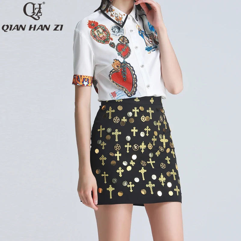 

Qian Han Zi 2019 Designer fashion 2 piece set Women's Short Sleeve Printed White Shirt+Embroidered Vintage Mini Skirt Suit sets