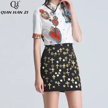 

Qian Han Zi 2020 Designer fashion 2 piece set Women's Short Sleeve Printed White Shirt+Embroidered Vintage Mini Skirt Suit sets