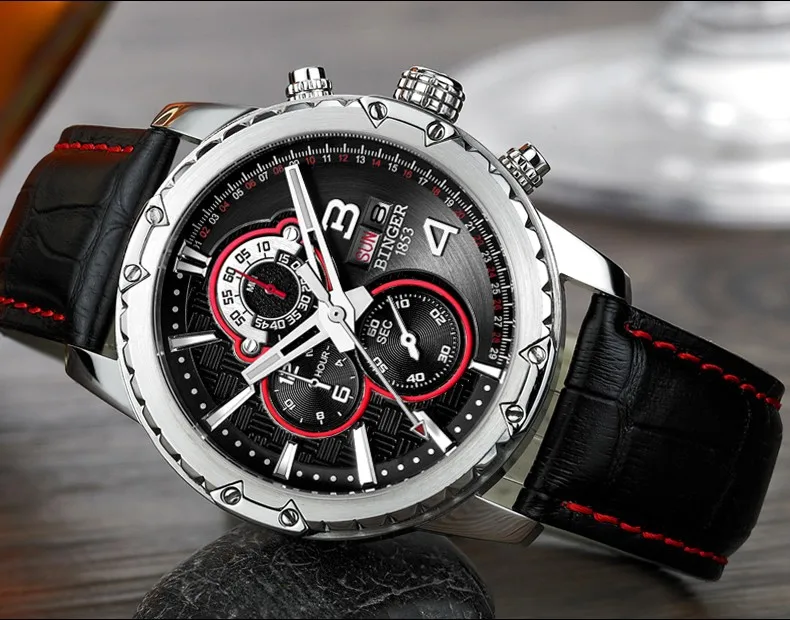 Watches Men Luxury Original Brand BINGER Sport Watches Men Fashion wristwatch Chronograph waterproof Male leather Quartz watch