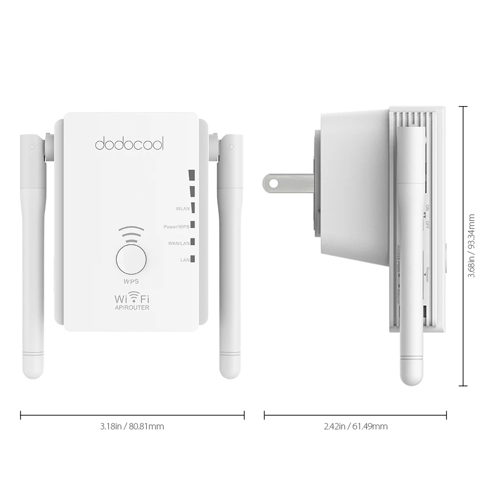 Dodocool N300 мини WiFi ретранслятор/маршрутизатор/точка доступа WiFi расширитель диапазона с 2 внешними антеннами WPS защита ЕС/США штекер