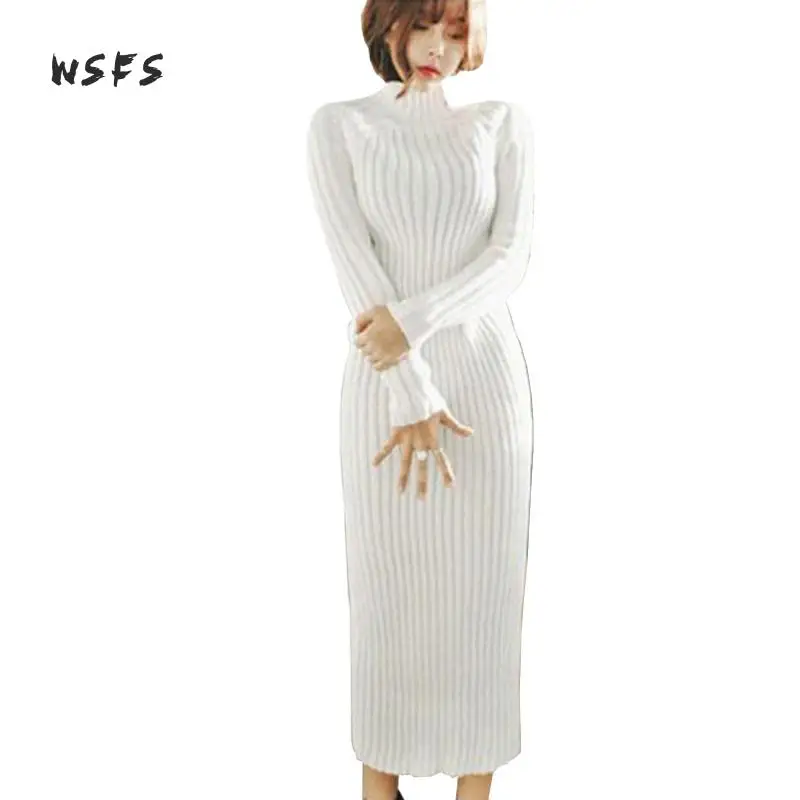 

Wsfs Autumn Winter Dresses Black Wine Red White Knitted Long Sleeve Turtleneck Bandage Women Dress Vintage Sweater Pencil Dress