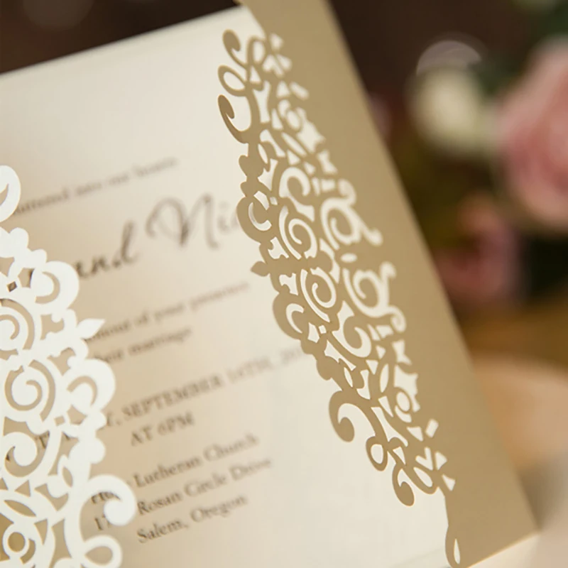  10 Packs White Ribbons Bow Wedding Invitaitons Cards Print Customize Fold Invitation Card Laser Cut - 32869354155