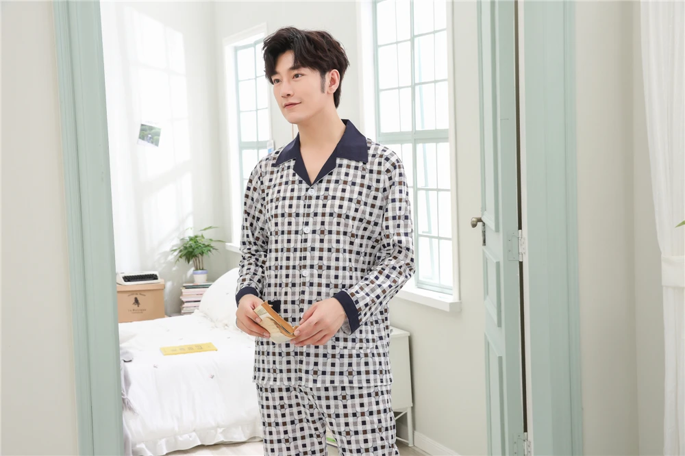 Yuzhenli мужской пижамный комплект ночное белье с длинным рукавом однотонный свободный комплект одежды для сна хлопок отложной воротник Loungewear