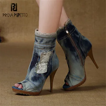 

Prova Perfetto Peep Toe Ankle Boots for Women High Heel Denim Boot Lace Jean Botas Mujer Women Platform Pumps Botte Femme