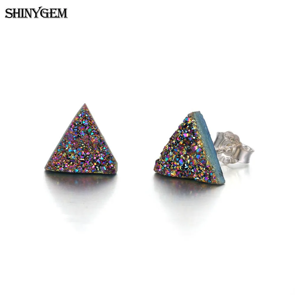 ShinyGem 8 мм 925 пробы серебряные серьги-гвоздики Любовь Сердце треугольник Овальный Капля воды небольшой Druzy натуральный камень серьги для женщин - Окраска металла: Rainbow Triangle