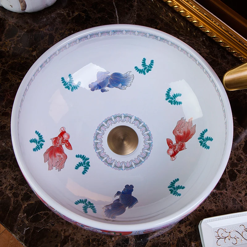 China Artistic Handmade porcelain Round bathroom counter top ceramic Bathroom basin sink chinese wash basin bathroom sinks (8)