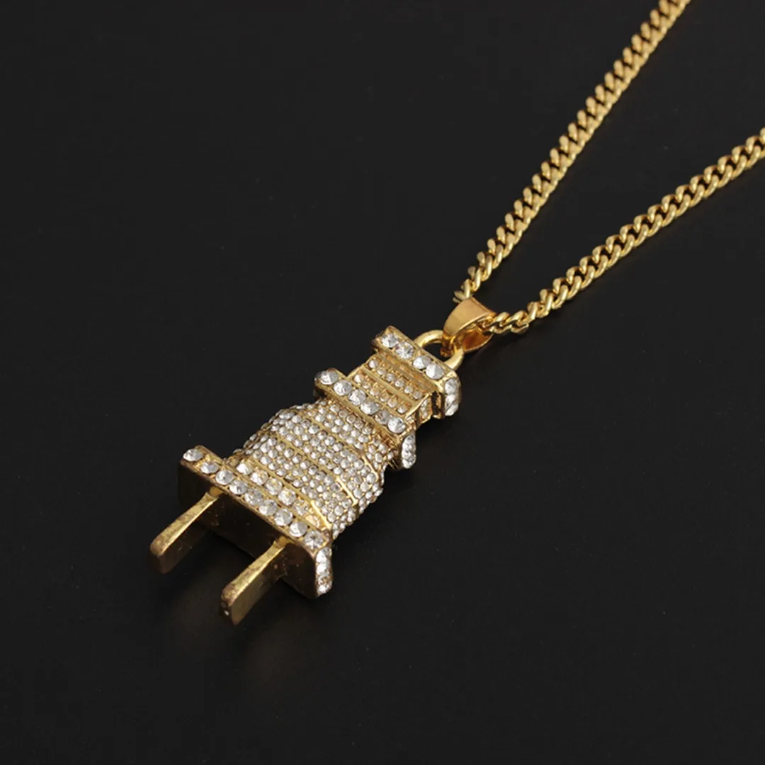 Shellhard Silver Gold Plug Shape Pendant Necklace Men Women Hip Hop Charm Chain collares Iced Out Crystal Jewelry