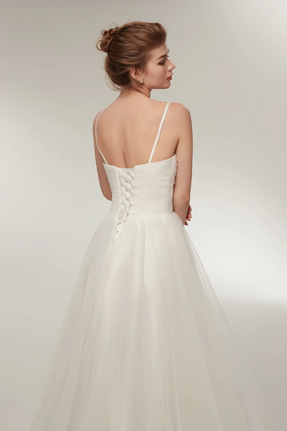 Romantic Wedding Dress Short Front Long Back Spaghetti Straps V