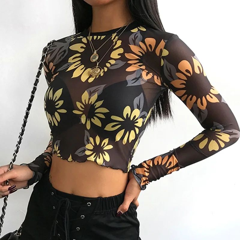 

Transparent Long Sleeve Crop Tops Tees Turtleneck Sexy Mesh T Shirt Women Print See Through Tee Shirt Female Autumn