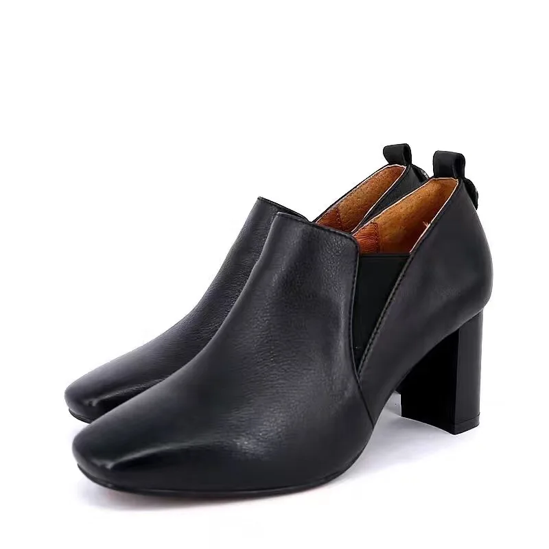 

2017 New Black White Tan Cowhide Genuine Leather Ankle Boot 7cm Thick High Heel Spring Shoes