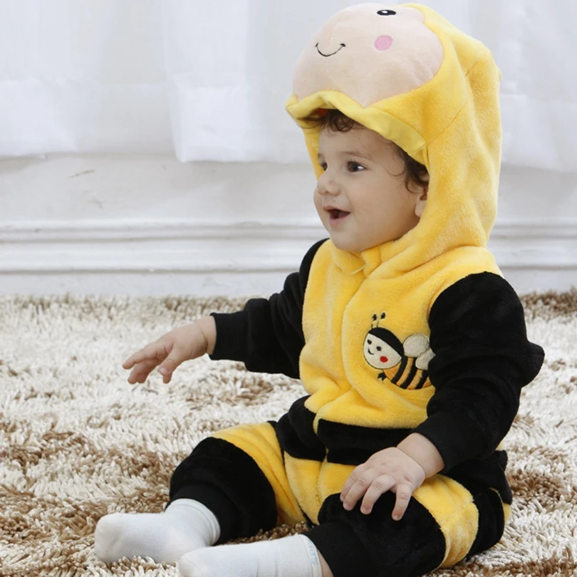 

New Animal Baby Romper Yellow Bee Bebe Infant Clothing Baby Boy Girl Clothes Cute Flannel Cartoon Hooded Jumpsuit Costume