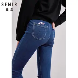 SEMIR Для женщин укороченные джинсы скинни с рваной отделкой Для женщин Slim Fit лодыжки джинсы из стираного денима с молния летать с кнопкой