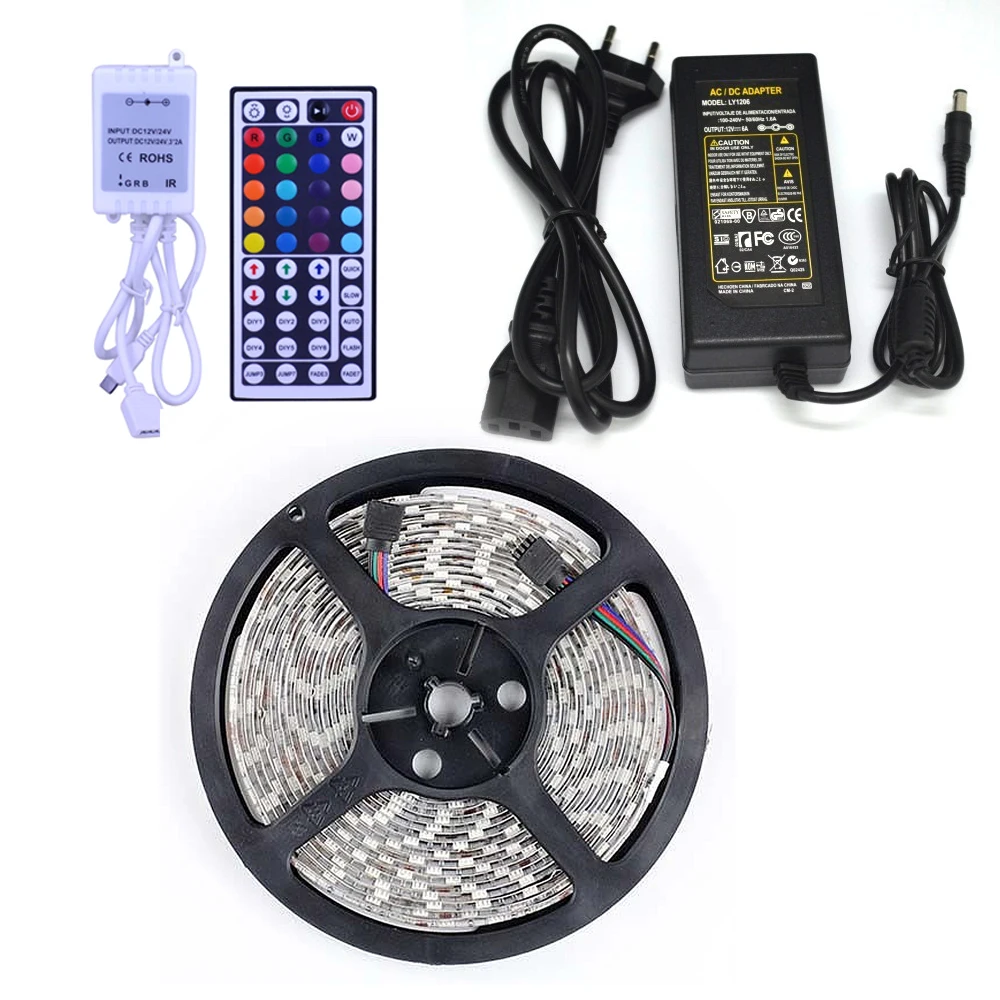 cheap 5M Double Layer PCB 5050 RGB 300 LED Strip+44 Key IR Remote+DC 12V 5A Power Supply Kit
