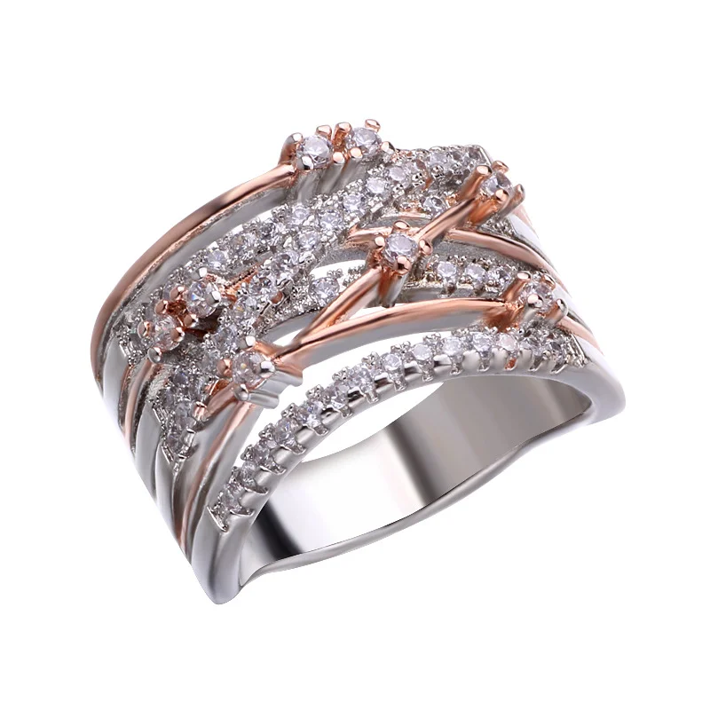

New micro-inlaid zircon engagement wedding ring European and American creative women's cross color separation ring