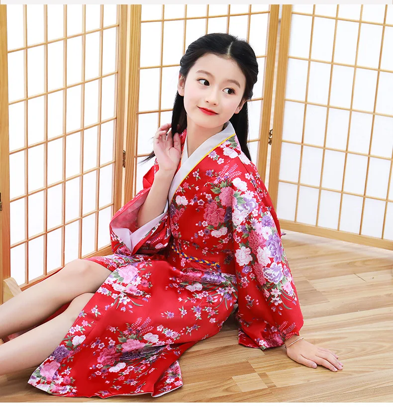 Kids Print Japanese Traditional Kimono Bathrobe Girls Yukata Princess Skirt Show Cosplay Costume Children Lovely Butterfly Dress - Цвет: X002-2