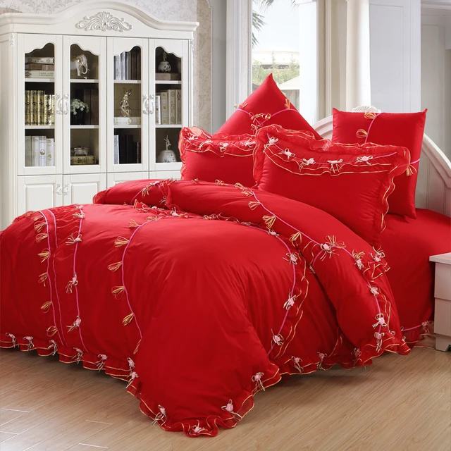 Designer Handmade Lace Marry Art Flower Wedding Kit Princess Duvet Designer Handmade Lace Marry Art Flower Wedding Kit Princess Duvet Cover Bedding Set Red Twin Queen King Us Ru Size Custom