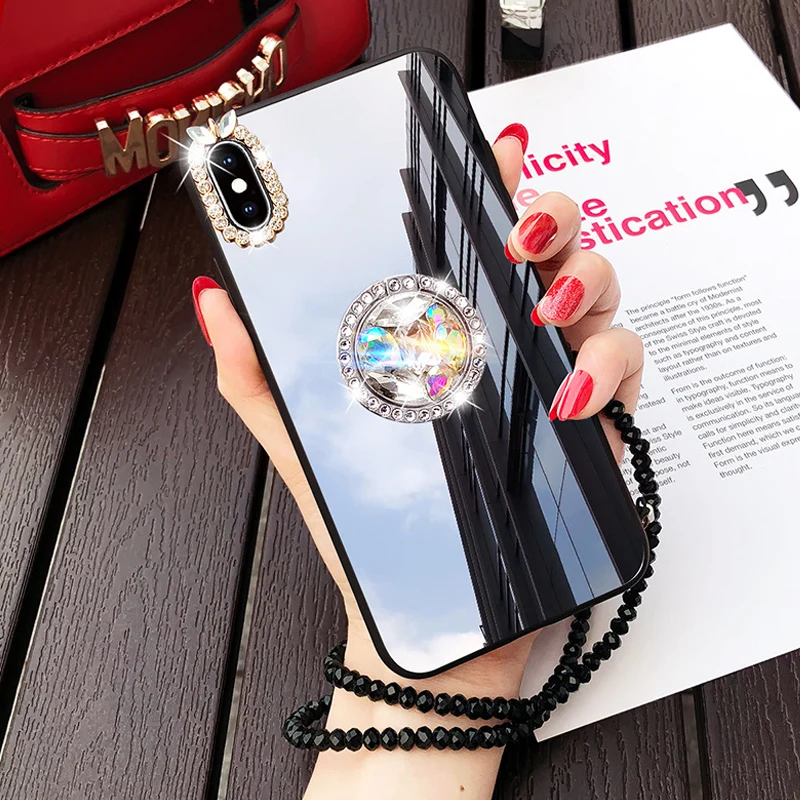 

Women Mirror Rhinestone Makeup Case For Xiaomi Redmi Note 7 5 4 Pro 4X 5A 6A 5 Plus Case Glitter Diamond Finger Ring With Strap