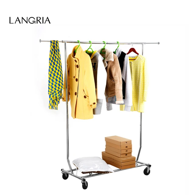 2016 New Chrome Finish LANGRIA Collapsible Adjustable Single Rail Rolling Garment Rack Clothing Drying