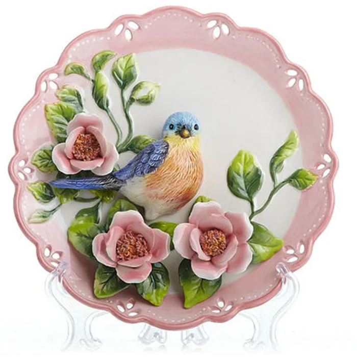 creative handmade painted emboss bird flower decorative hanging plate ceramic wall plate modern ...