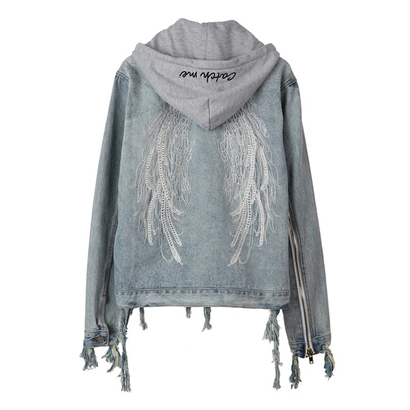 

Casaco Bomber Jacket Cotton Casual Frayed Full Regular Solid 2018 New Hot Lady Jacket Wings Embroidery Handsome Retro Female