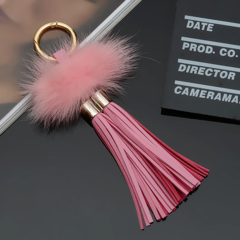 Fashion Genuine mink hair Key Chain Solid color Two Tassels Car Key Ring High Quality Keychain Bag Pendants Gift Jewelry K1784