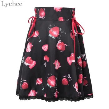 

Lychee Summer Cherry Strawberry Print Lace up Women Skirt Sweet Lace Patchwork Skirts Causal A Line Mini Skirt Female