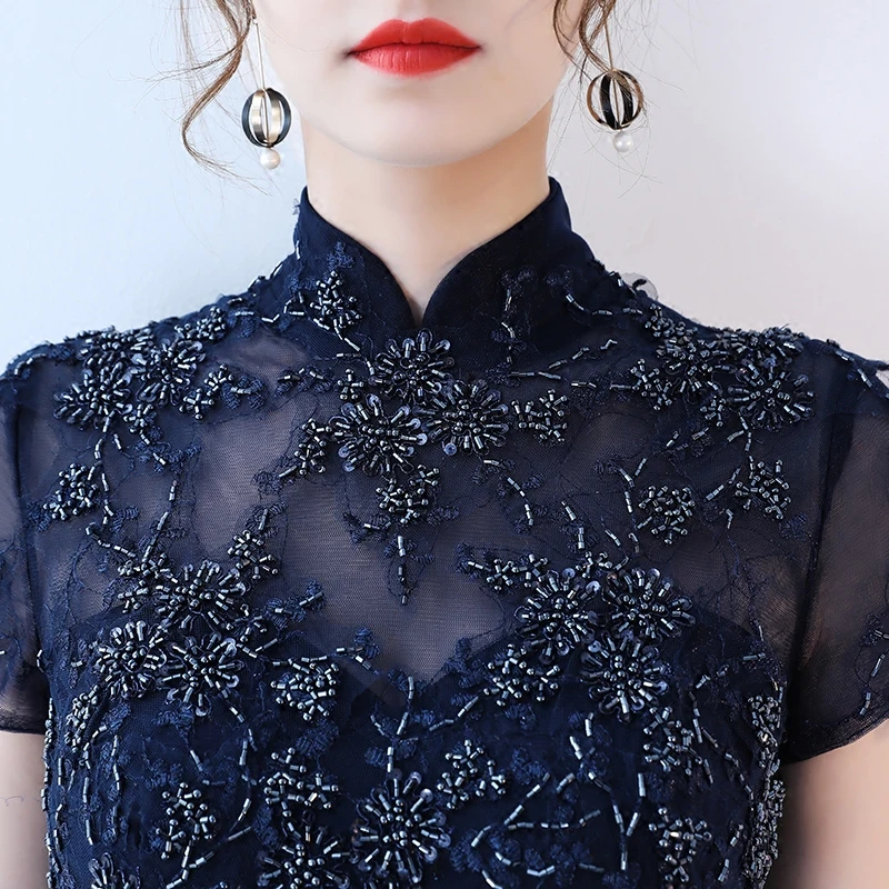 Unique Dark Navy Evening Dresses Long 2019 New Sexy Black Party Evening Gowns High-Neck Tulle Beading Formal Dress High Quality