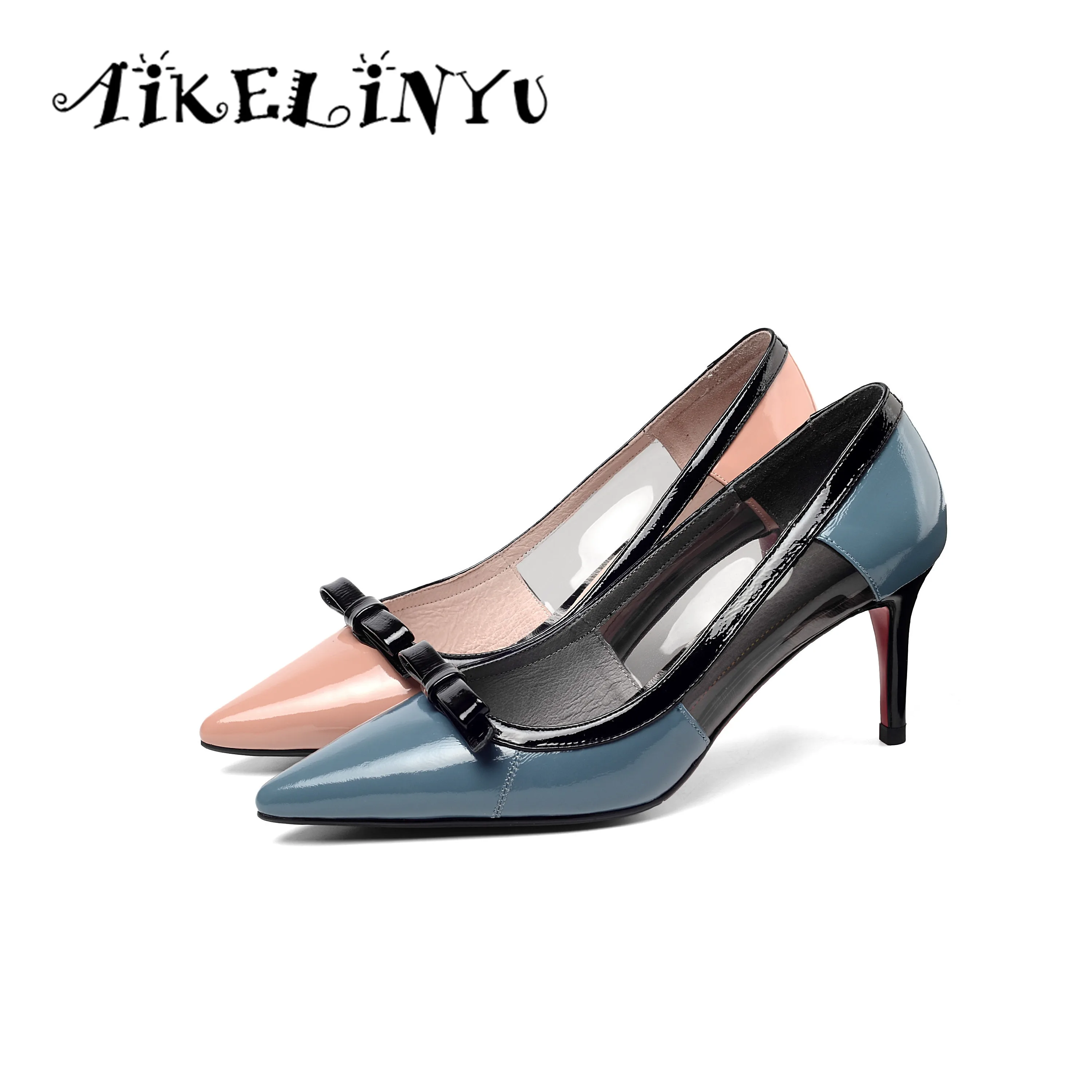 

AIKELINYU Sexy High Heels Pumps High Quality Cowhide Pointed Toe bow Comfortable Shoes Wedding Fashion Hot Sale Women's Pumps